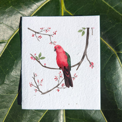 Pink bird on branch watercolor on card