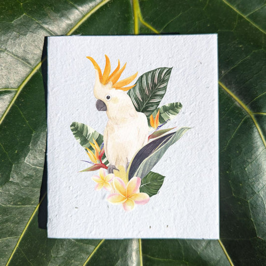 Watercolor Cockatoo on australian flowers on card