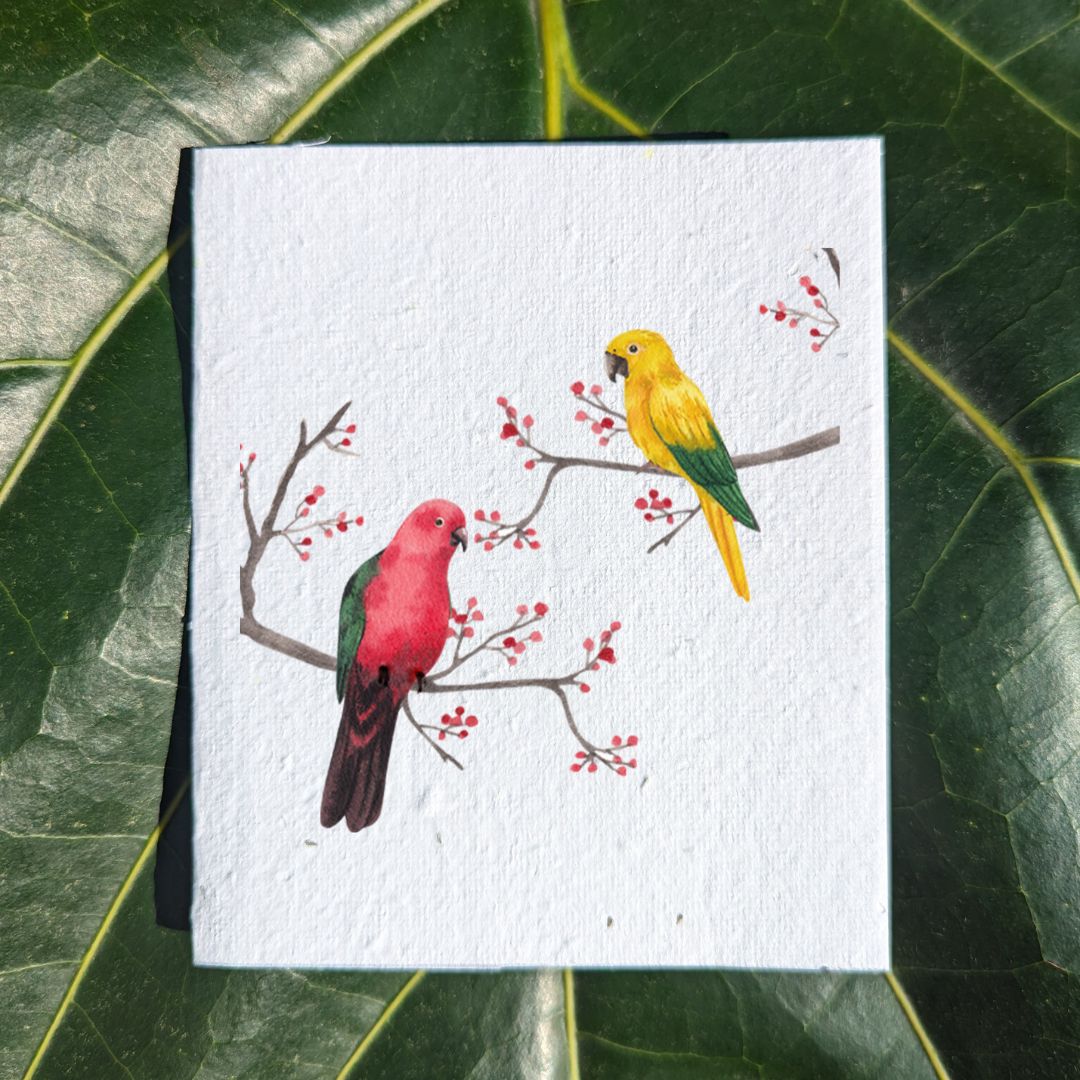 Pair of birds on japanese branches on card