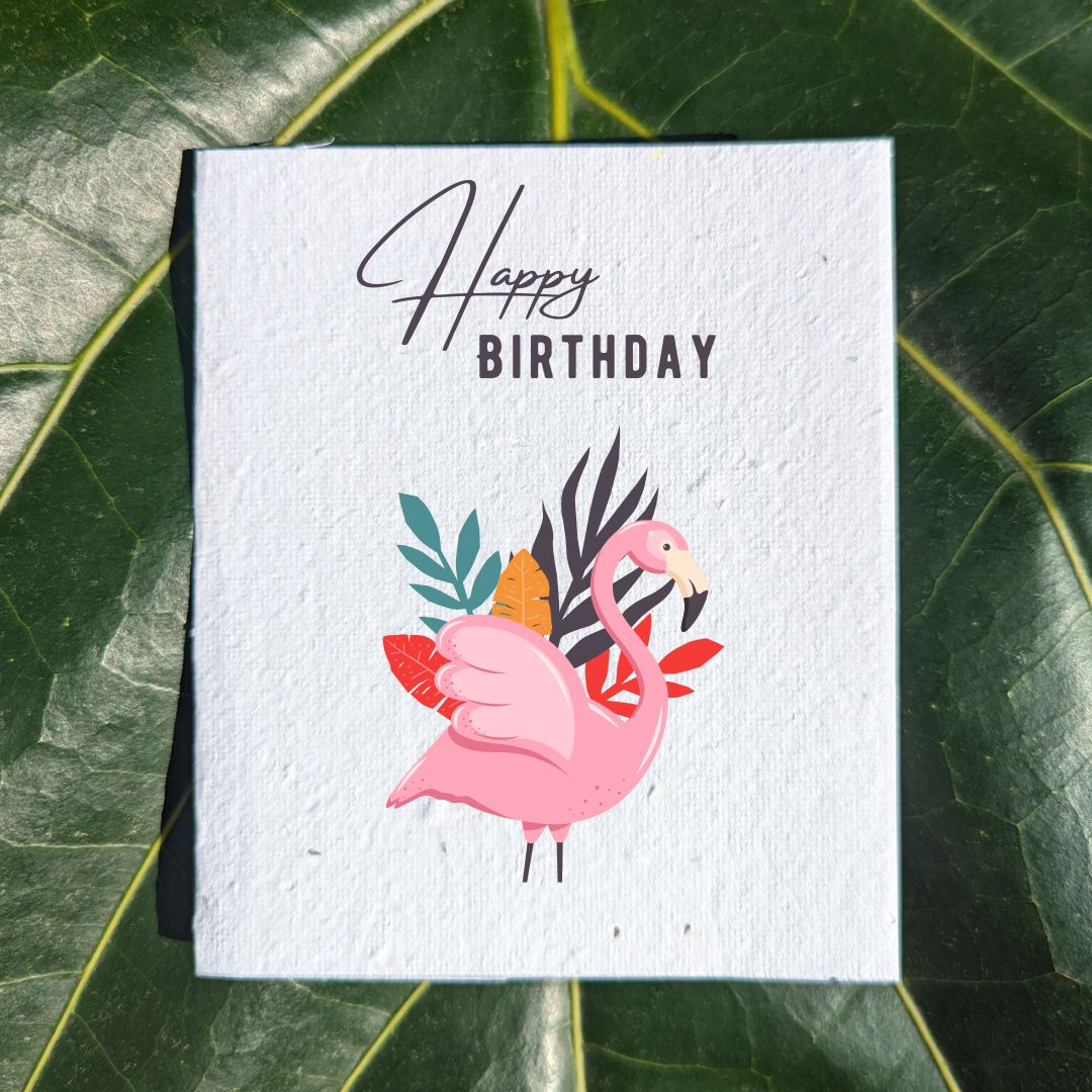 Pink flamingo and leaves birthday card