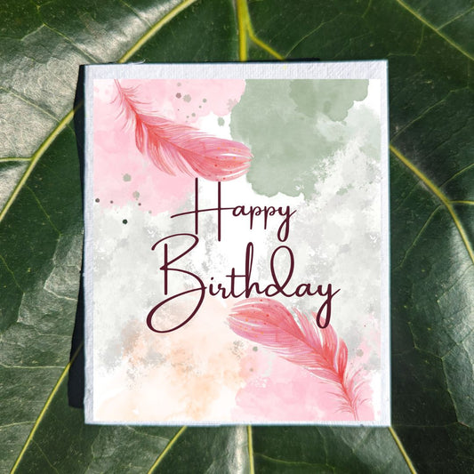 Pink and green feather birthday card