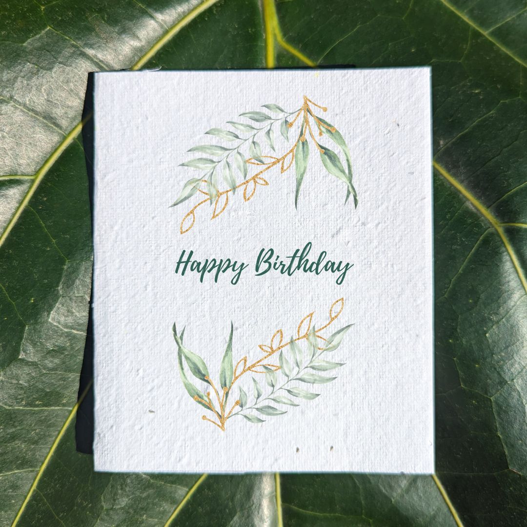 Gold and green leaves birthday card